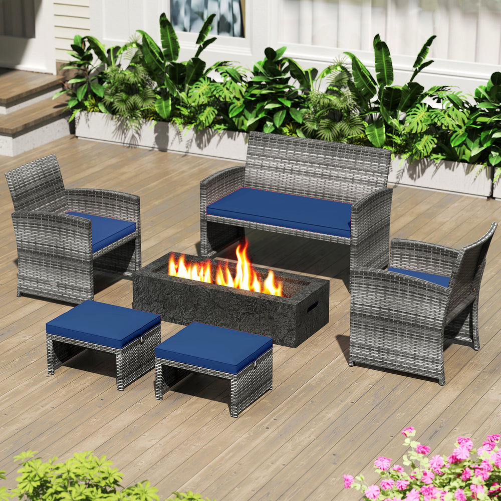 Navy PE rattan ottomans with soft zippered cushions, perfect as footrests or extra seating for outdoor patios.