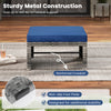 Navy PE rattan ottoman with soft zippered cushion, sturdy metal construction, designed for outdoor patio use.