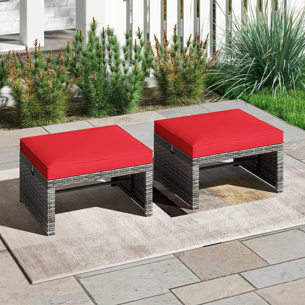2 Pieces Patio PE Rattan Ottomans with Soft Zippered Cushions for Deck-Red - Gallery View 1 of 7
