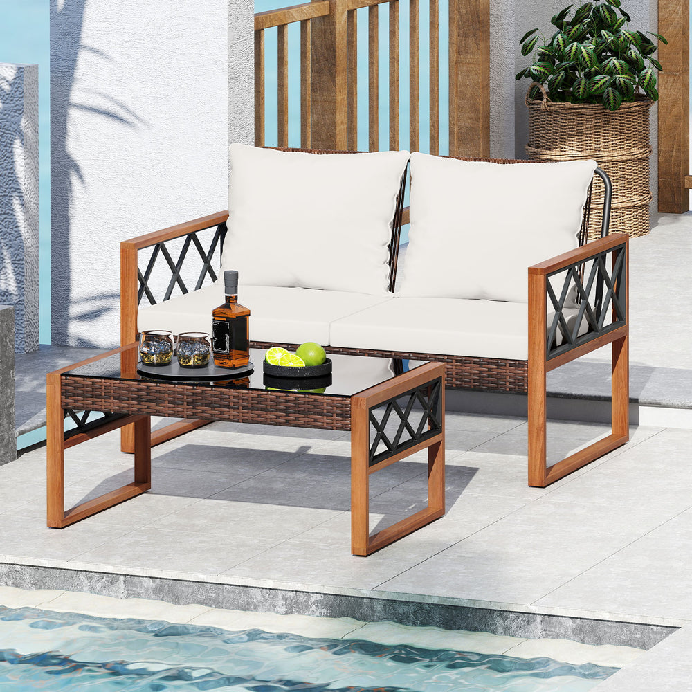 Two-piece patio furniture set featuring white cushions, PE rattan, and acacia wood, perfect for outdoor conversation.
