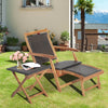 Folding lounge chair set with acacia wood table, featuring brown PE wicker, perfect for patio and garden relaxation.