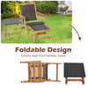 Folding lounge chair set with acacia wood table, featuring retractable ottoman for space-saving outdoor comfort.