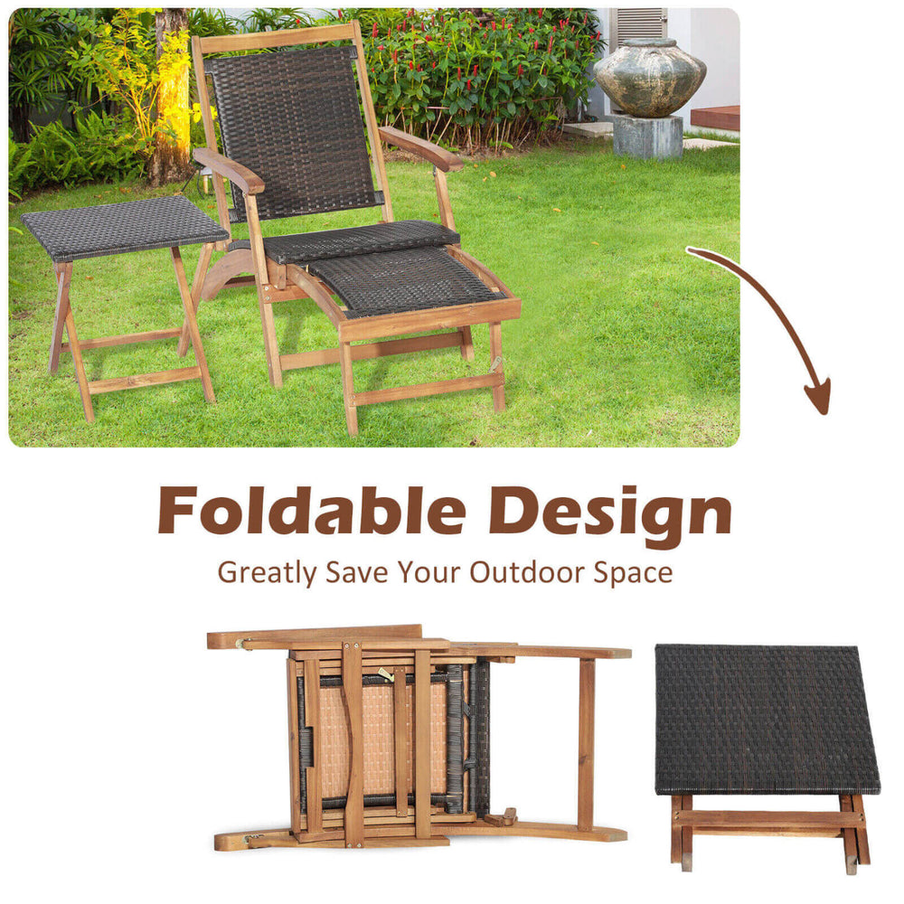 Folding lounge chair set with acacia wood table, featuring retractable ottoman for space-saving outdoor comfort.