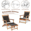 Folding lounge chair with retractable ottoman in brown PE wicker and acacia wood, perfect for patio relaxation.