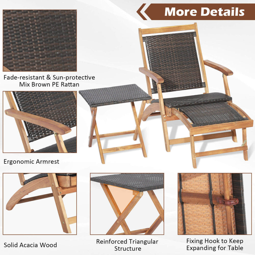 Folding lounge chair set featuring mix brown PE rattan and solid acacia wood, perfect for patio and garden relaxation.
