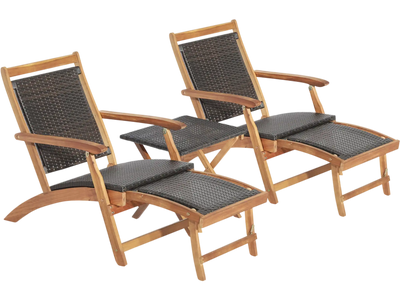 Costway 3-Pc Patio Rattan Folding Chaise Lounge Set w/ Acacia Wood Table 67373401 New