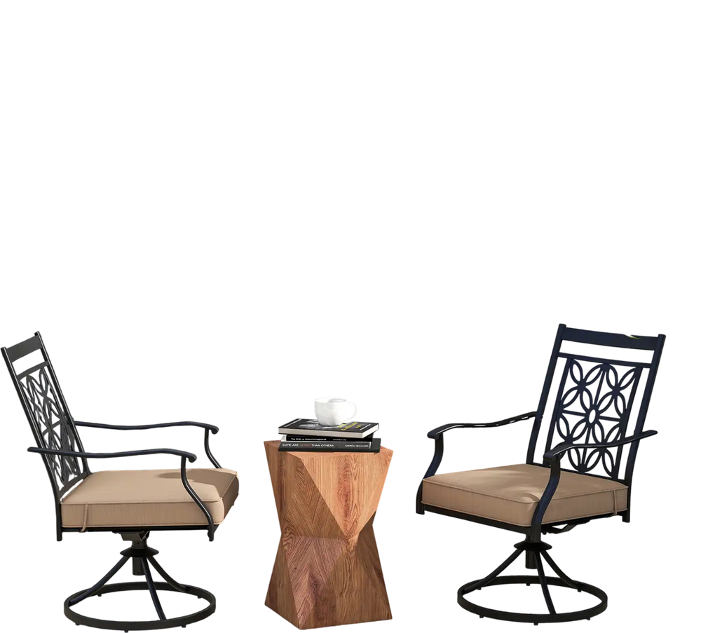 Two black patio swivel chairs with blossom pattern backrests and cushions, perfect for outdoor relaxation.