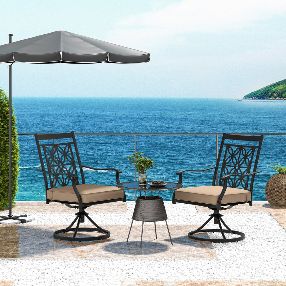 Patio swivel chairs with blossom pattern backrest and cushions, designed for outdoor comfort and elegance by the sea.