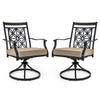 Patio swivel chairs with blossom pattern backrest and 3.5" thick cushions, designed for comfort and durability.