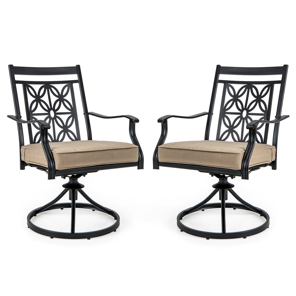 Patio swivel chairs with blossom pattern backrest and 3.5" thick cushions, designed for comfort and durability.