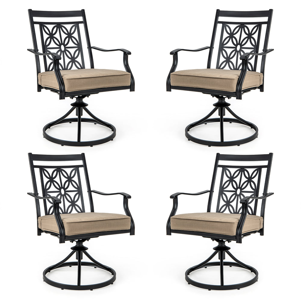 Set of 2 black patio swivel chairs featuring a blossom pattern backrest and thick cushions for outdoor comfort.