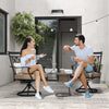 Two people enjoying coffee on black patio swivel chairs with blossom pattern backrest and cushions, perfect for outdoor.