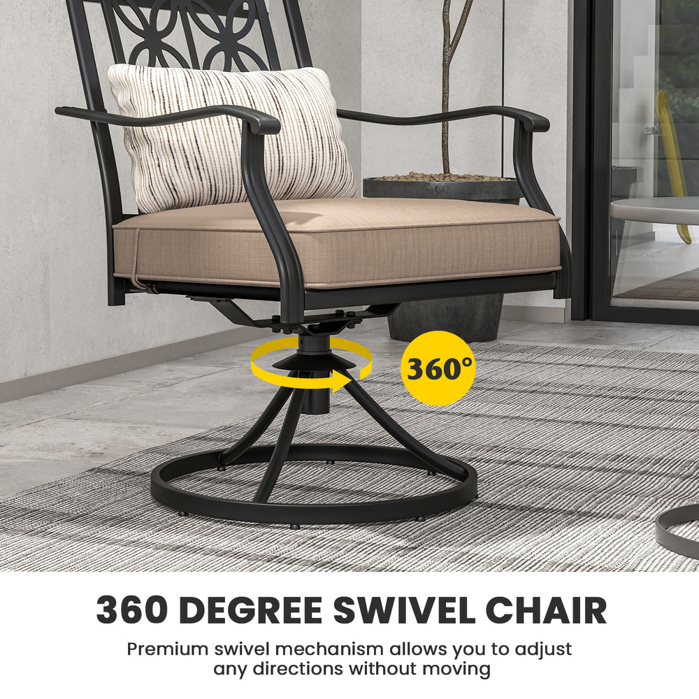 360-degree swivel chair with blossom pattern backrest and thick cushion, perfect for outdoor relaxation and comfort.
