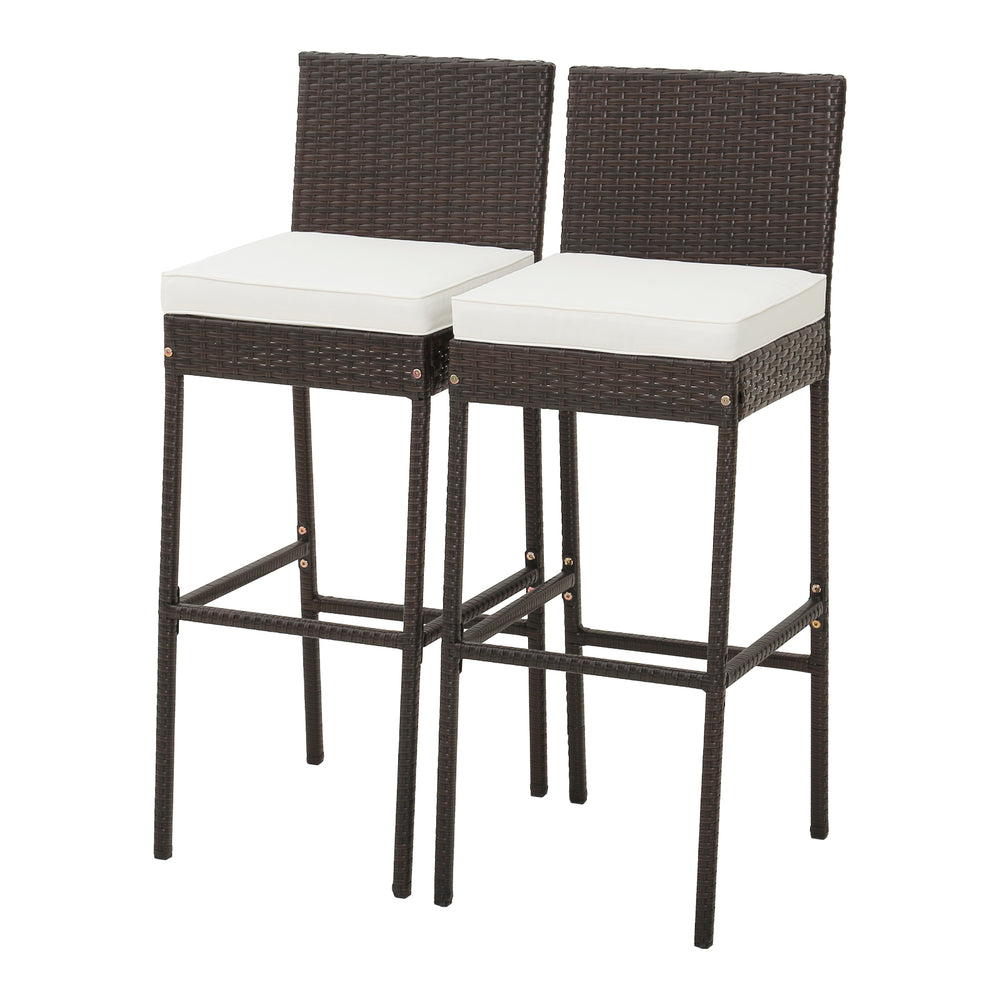 Set of 2 patio cushioned wicker barstools with 30-inch seat height, soft cushions, and cozy footrest for outdoor use.