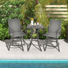 Two gray PE rattan patio swivel bar chairs with quick-dry cushions and a small table, perfect for poolside relaxation.