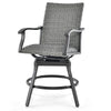 Gray PE rattan patio swivel bar chair with 360° swivel, quick-dry cushion, and footrest for outdoor relaxation.