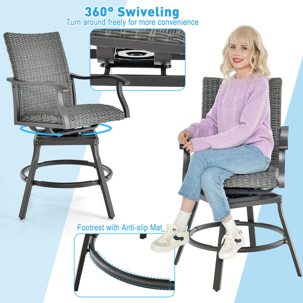 Single gray PE rattan patio swivel bar chair showcasing the anti-slip footrest and curved backrest for added comfort.