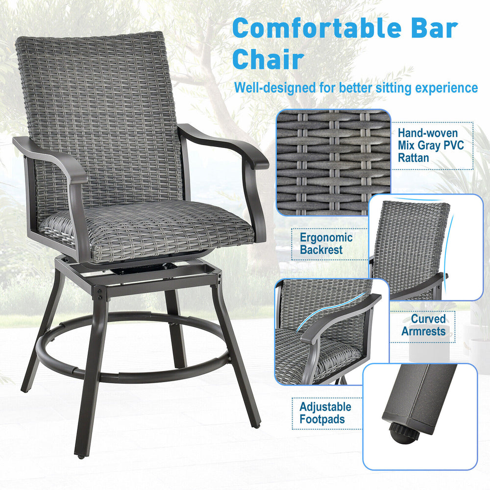 Patio swivel bar chair with hand-woven mix gray PE rattan, ergonomic backrest, and quick-dry cushion for outdoor.