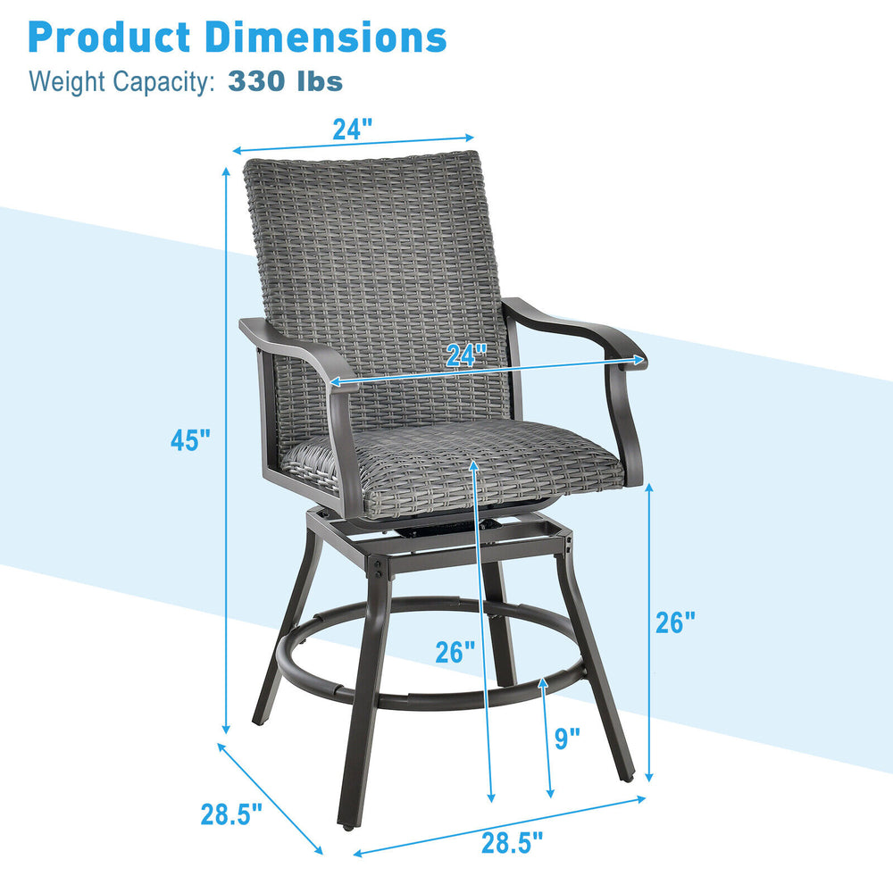 Patio swivel bar chair with gray PE rattan, 360° swivel feature, and quick-dry cushion for outdoor relaxation.