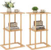 Two bamboo side tables with storage shelves, featuring a natural finish and sturdy construction for versatile home use.