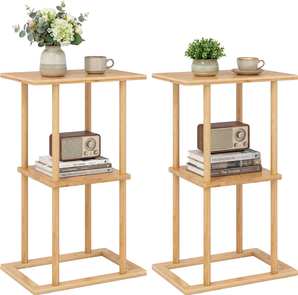 Two bamboo side tables with storage shelves, featuring a natural finish and sturdy construction for versatile home use.