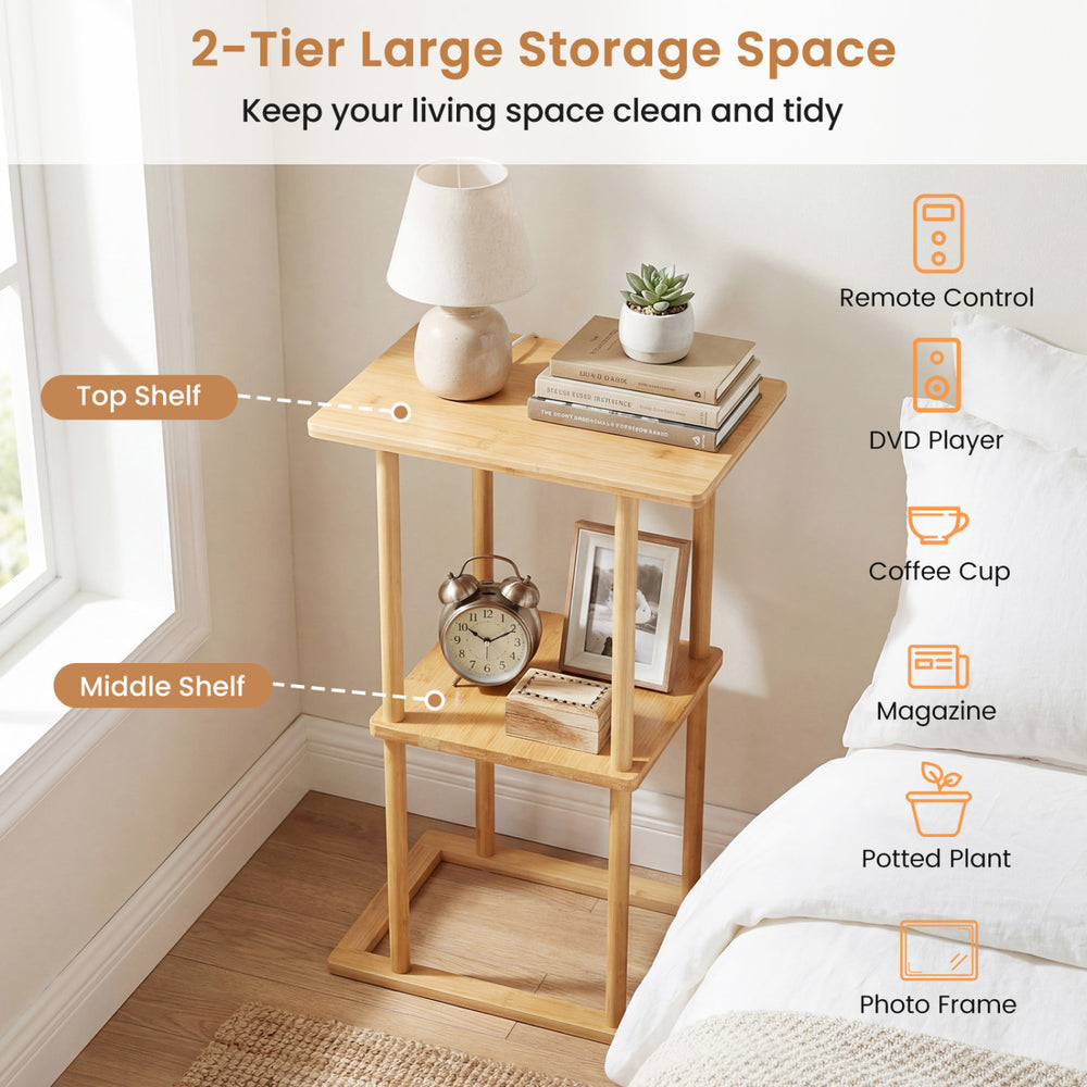 2-tier bamboo side table with storage shelves, perfect for remote controls and coffee cups in living room or bedroom.