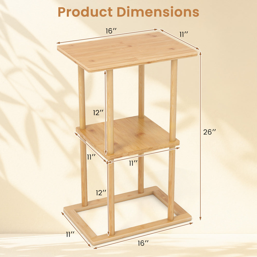 Bamboo side table with 2-tier storage shelves, measuring 16" x 11" x 26", perfect for living room or home office use.