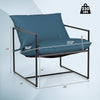 Navy sling accent chair with ergonomic design, soft cushions, and reinforced metal frame for indoor and outdoor use.