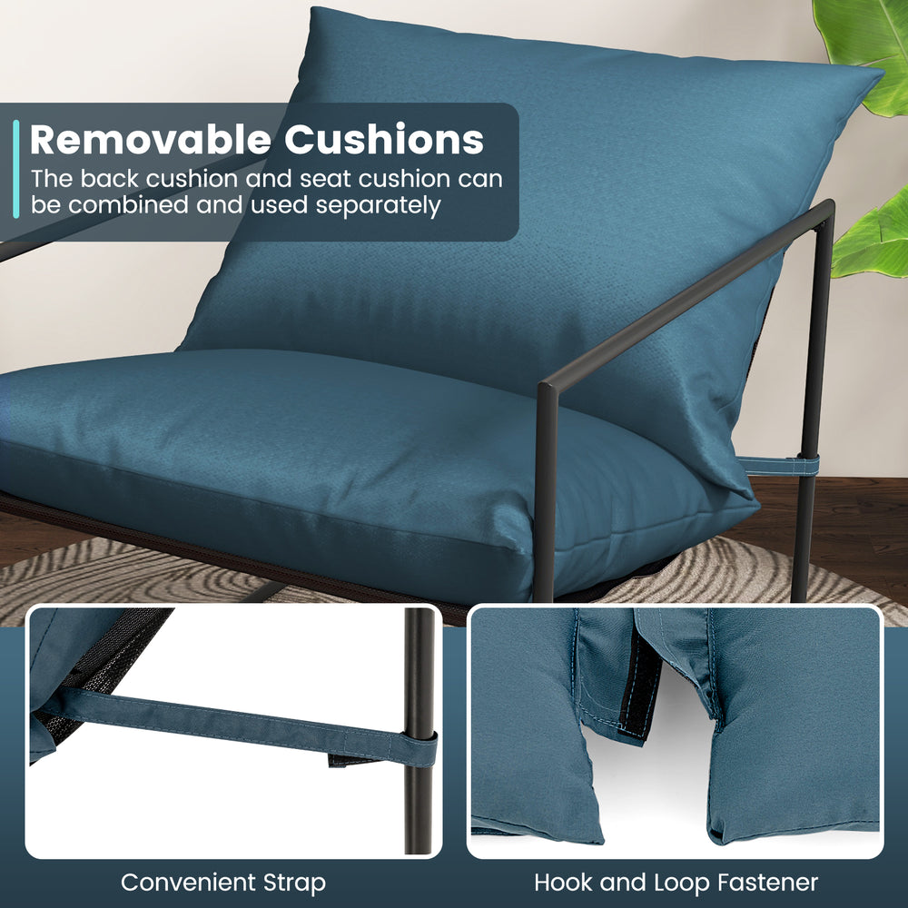 Navy sling accent chair with removable cushions, ergonomic design, and durable weatherproof fabric for indoor and.