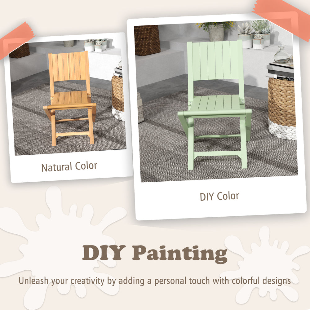 Natural and DIY color options of teak wood outdoor dining chairs with slatted seats for customizable outdoor spaces.