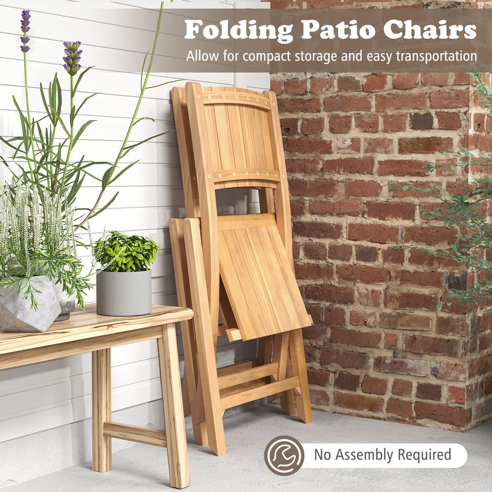 Folding teak wood outdoor dining chairs with slatted seat for compact storage and easy transportation, ideal for patios.