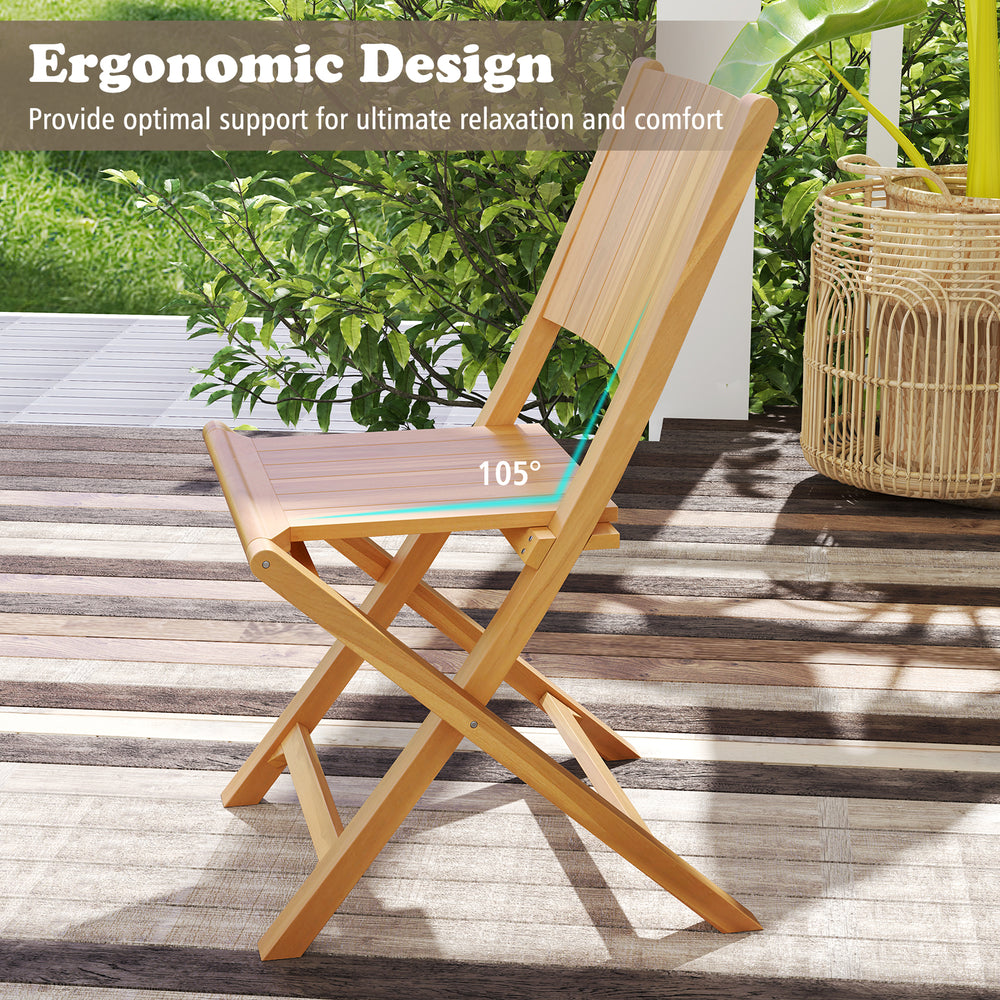 Teak wood outdoor dining chair with slatted seat, ergonomic 105° backrest for comfort, ideal for patio or garden use.