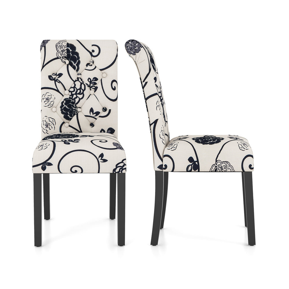 Side view of a tufted dining chair set in blue and white linen fabric with sturdy wood legs and adjustable foot pads.