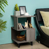 Modern wooden nightstand with asymmetrical design, featuring storage space and stable legs, perfect for small living.
