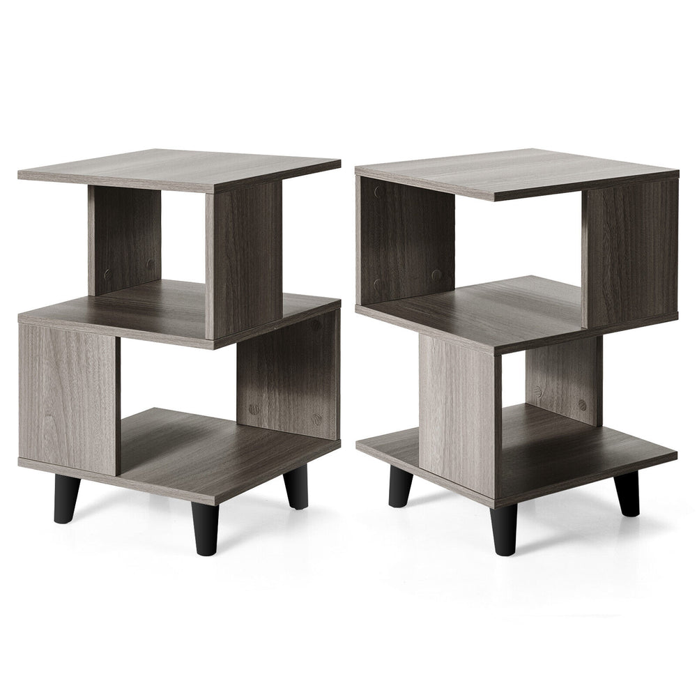 Modern wooden nightstand set with legs, featuring asymmetrical design and large storage space for living room use.