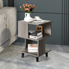 Modern wooden nightstand with asymmetrical design, featuring storage space and sturdy legs, ideal for small living.
