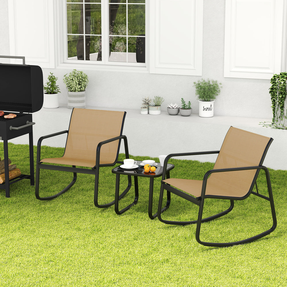 2 Rocking Bistro Chairs and Glass-Top Table for Porch Yard Balcony-Brown - Gallery View 1 of 10