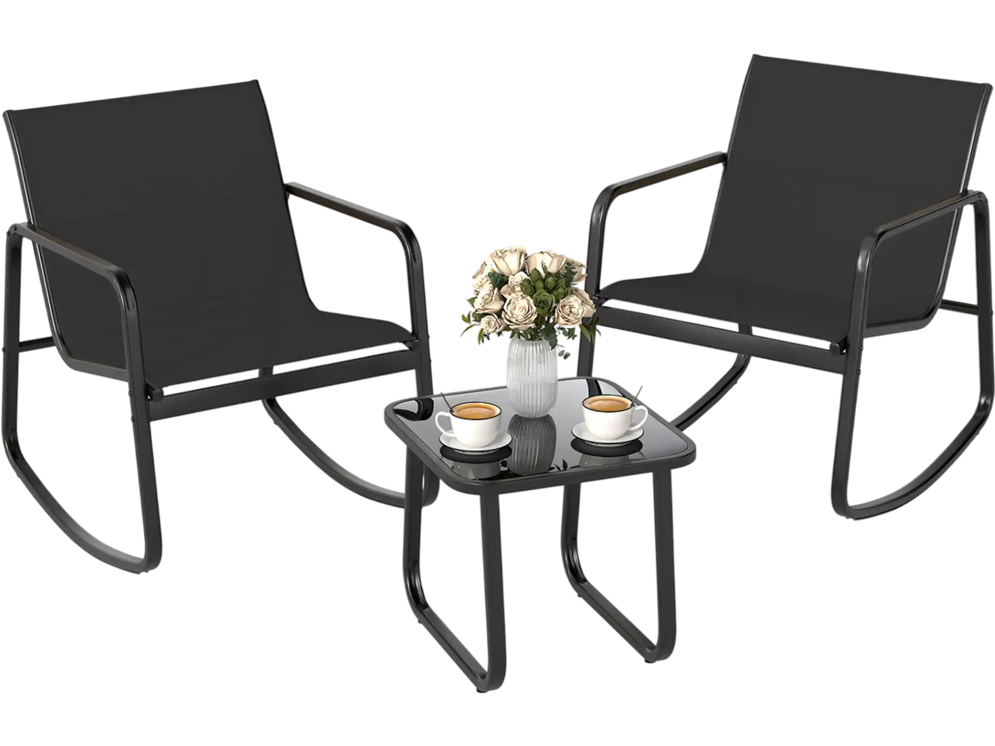 Costway 3-Pc Patio Rocking Bistro Set Glass-Top Table 19247568 New
