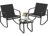 Two black rocking bistro chairs with a glass-top table, perfect for outdoor relaxation on the porch or balcony.