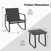 Dimensions of black rocking bistro chairs and glass-top table, featuring a sturdy metal frame and adjustable footpads.