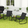 Black rocking bistro chairs positioned near a glass-top table, ideal for enjoying drinks in your backyard or on the.