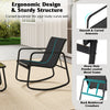 Black rocking bistro chair with ergonomic design, curved backrest, and sturdy metal frame for outdoor relaxation.