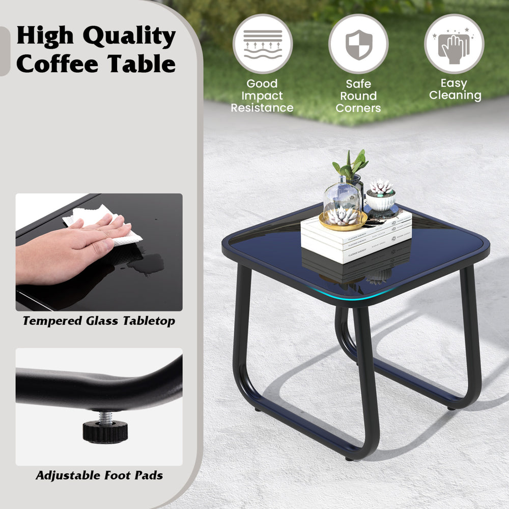 Square glass-top coffee table with adjustable foot pads, designed for stability and easy cleaning, perfect for outdoor.