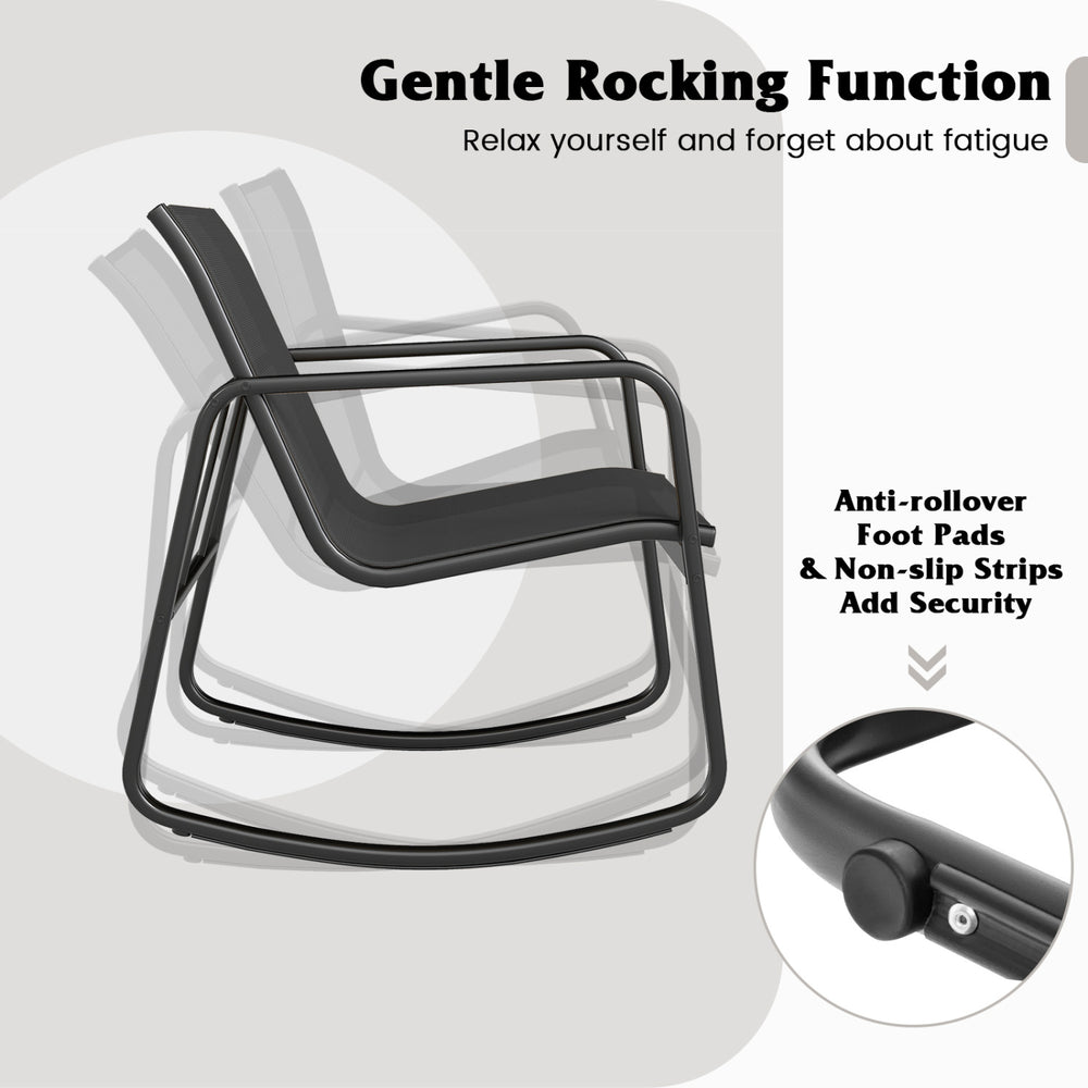 Black rocking bistro chair with gentle rocking function and non-slip pads, perfect for porch or balcony relaxation.