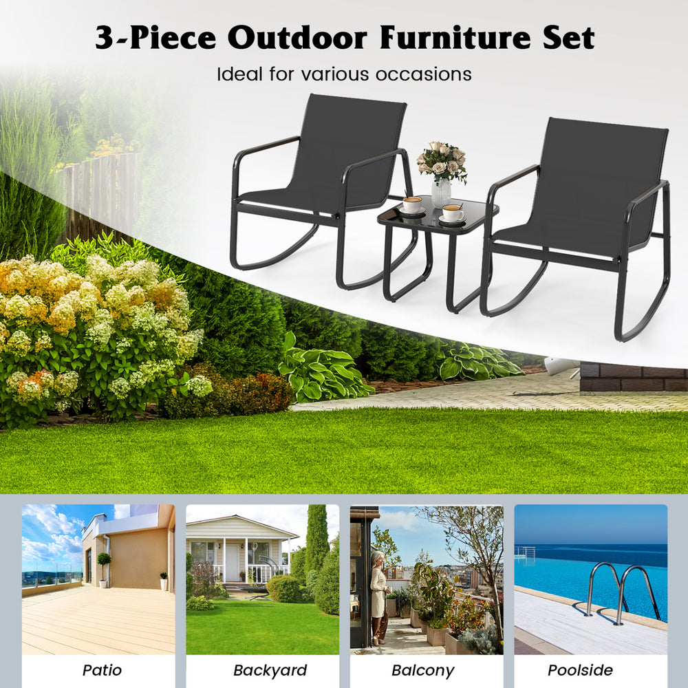 Black rocking bistro chairs with a glass-top table, ideal for backyard, balcony, or poolside relaxation.