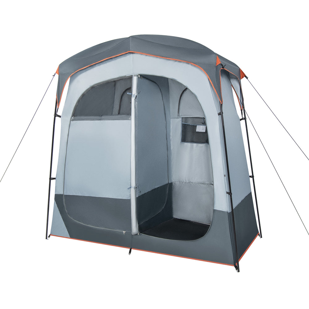 Oversize gray privacy shower tent with two rooms, removable rain fly, and inner pocket for toiletries, ideal for.