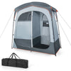 Oversize privacy shower tent with two rooms, gray polyester fabric, removable rain fly, and inner pocket for toiletries.