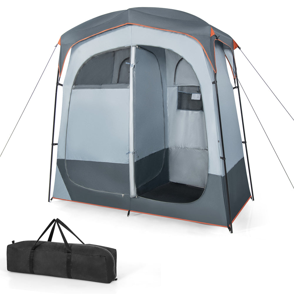 Oversize privacy shower tent with two rooms, gray polyester fabric, removable rain fly, and inner pocket for toiletries.