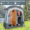 Oversize privacy shower tent with two rooms, gray polyester fabric, removable rain fly, ideal for outdoor use.