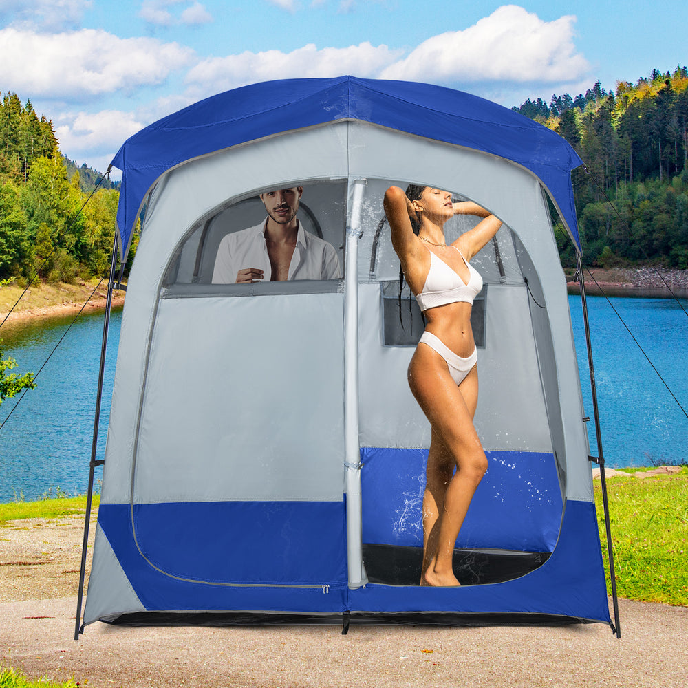 2 Rooms Oversize Privacy Shower Tent with Removable Rain Fly and Inside Pocket-Blue - Gallery View 1 of 10